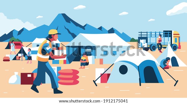 refugee camp for refugees victims of\
natural disasters, many people doing activities in the camp, tent\
for sleep and volunter the basic needs of the\
refugees