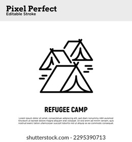 Refugee camp, tents thin line icon. Editable stroke. Modern vector illustration.