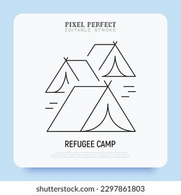 Flüchtlingslager, Zelte dünne Linie Symbol. Bearbeitbarer Strich. Moderne Vektorgrafik.