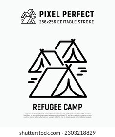 Refugee camp, tents thin line icon. Editable stroke. Modern vector illustration.