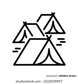 Refugee camp, tents thin line icon. Editable stroke. Modern vector illustration.