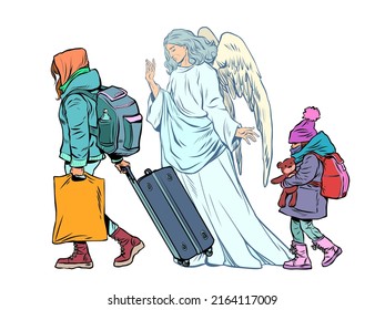 Refugee children accompanied by an angel. Escape from the war. Ukraine, Europe humanitarian crisis concept. Pop Art Retro Vector Illustration 50s 60s Kitsch Vintage Style