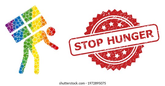 Refugee collage icon of round dots in different sizes and LGBT multicolored shades, and Stop Hunger dirty rosette seal print. A dotted LGBT-colored Refugee for lesbians, gays, transgenders,