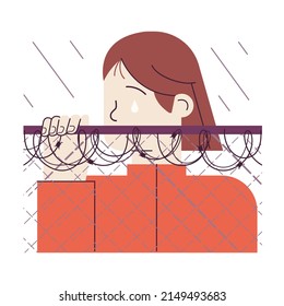 Refugee concept. Characters abandone home because of war. People with suitcase cross the border and look for new place to live. Social crisis, charity, volunteer help. Flat vector illustration