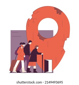 Refugee concept. Characters abandone home because of war. People with suitcase cross the country border and look for new place to live. Social crisis, charity, volunteer help. Flat vector illustration