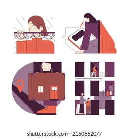 Refugee concept set. Characters abandone home because of war. People with suitcase cross the border and look for new place to live. Social crisis, charity, volunteer help. Flat vector illustration