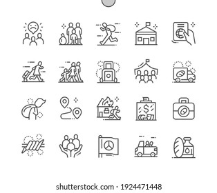 Refugee. Donations for refugees. Immigrant, migrant, homeless. Refugee family. Support and assistance. Pixel Perfect Vector Thin Line Icons. Simple Minimal Pictogram