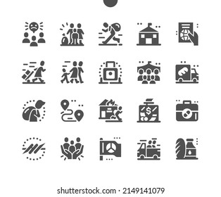 Refugee. Donations for refugees. Immigrant, migrant, homeless. Refugee family. Support and assistance. Vector Solid Icons. Simple Pictogram