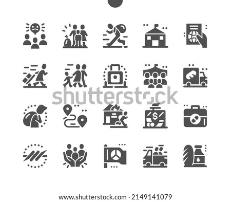 Refugee. Donations for refugees. Immigrant, migrant, homeless. Refugee family. Support and assistance. Vector Solid Icons. Simple Pictogram