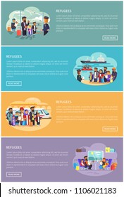 Refugee families that move to other country. Muslim people at modern airport, convenient railway station and sea port banners vector illustrations.