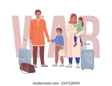 Refugee family 2D vector isolated illustration. Asylum seekers flat characters on cartoon background. Displacement colourful scene for mobile, website, presentation. Bebas Neue font used