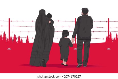 Refugee family with children on the border between Poland and Belarus. Migrants are fleeing the war to Europe. In search of a home, peace, freedom and human rights. Flag background vector 
