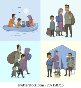 The Refugee Family with Children. Sailing to Europe on the Boat. Land Transition and Life in the Refugee Camp. European Migrant Crisis Concept. Vector Illustration, isolated.