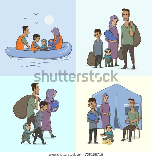 子供を持つ難民家族 ヨーロッパへ船で航海中 陸地の移動と難民 キャンプの生活 ヨーロッパ移住危機のコンセプト ベクターイラスト 分離型 のベクター画像素材 ロイヤリティフリー