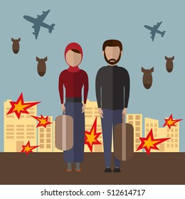 Refugee family. Muslim people. Emigrants. Husband and wife. Civil war in Syria Vector illustration