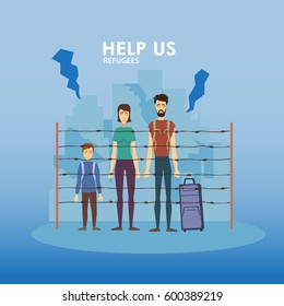 Refugee family. Muslim people. Emigrants. Husband and wife. Civil war in Syria Vector illustration