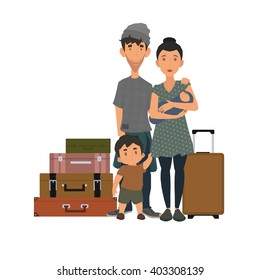 refugee family with suitcases on a white background. homeless family with the latest things.