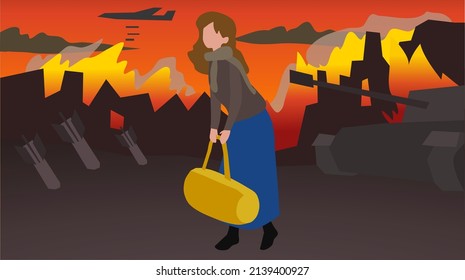 Ein Flüchtling flieht aus dem Krieg, hinter dem Gebäude brannten.
Flache Illustration.