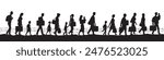 Refugee Group Silhouette. Banner with people crossing border with barbed wire, fleeing wars, poverty, humanitarian and natural disasters. Flat vector illustration isolated on white background