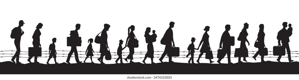 Grupo de refugiados Silhouette. Anuncio con personas que cruzan la frontera con alambre de púas, huyendo de guerras, pobreza, desastres humanitarios y naturales. Ilustración vectorial plana aislada sobre fondo blanco