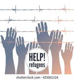 Refugee hands on barbed wire background. Refugee crisis vector concept.