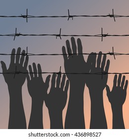 Refugee hands on barbed wire background. Refugee crisis vector concept.