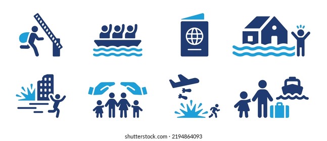 Refugee icon collection. People escape from the war in the country, vector set illustration.