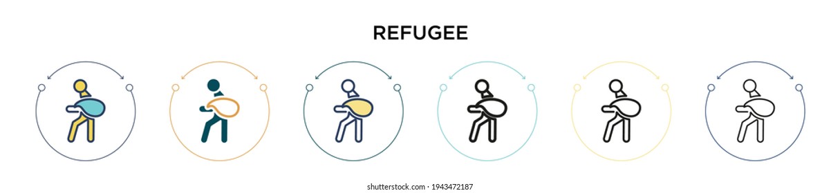 Flüchtlingssymbol in gefüllter, dünner Linie, Umriss- und Schlagrichtung. Vektorgrafik zweier farbiger und schwarzer Vektorsymbole kann für mobile, ui, web-basierte