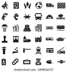 Symbole für Flüchtlinge. Schwarzes Flachdesign. Vektorgrafik.
