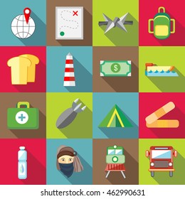 Refugee icons in flat style. War victims set collection vector illustration