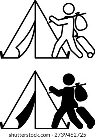 Refugee Icons. Line and Glyph Vector Illustrations. Walking Person with Travel Suitcase and Tent for Refugees. Charity and Aid. Migration Concept