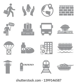 Refugee Icons. Set 2. Gray Flat Design. Vector Illustration.