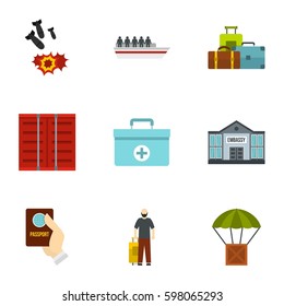 Refugee icons set. Flat illustration of 9 refugee vector icons for web