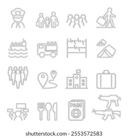 Refugee  immigrant icons set in thin line style