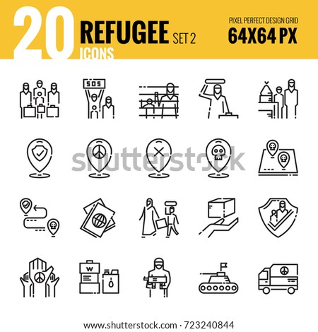 Refugee and immigration icon set 2. Flat thin line icons design. vector