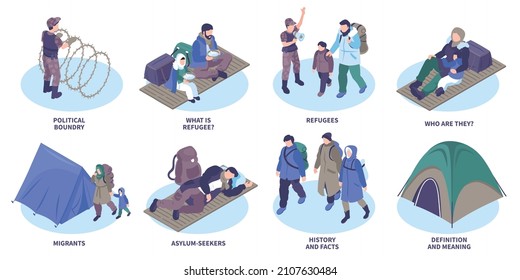 Refugee isometric compositions set of asylum seekers migrants adult people with children isolated icons vector illustration