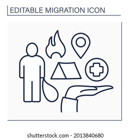 Refugee line icon. Forced escape from motherland due to war, disasters. Searching for better medicine, living conditions. Relocation.Migration concept. Isolated vector illustration. Editable stroke