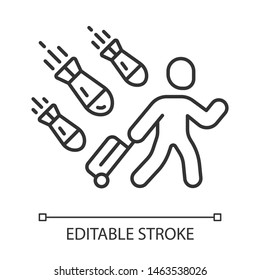 Refugee linear icon. Humanitarian aid and evacuation. Travelling abroad. Escaping emigrant. Illegal immigrant. Thin line illustration. Contour symbol. Vector isolated outline drawing. Editable stroke