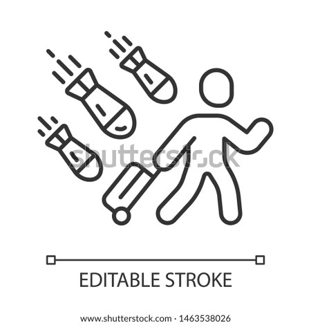 Refugee linear icon. Humanitarian aid and evacuation. Travelling abroad. Escaping emigrant. Illegal immigrant. Thin line illustration. Contour symbol. Vector isolated outline drawing. Editable stroke