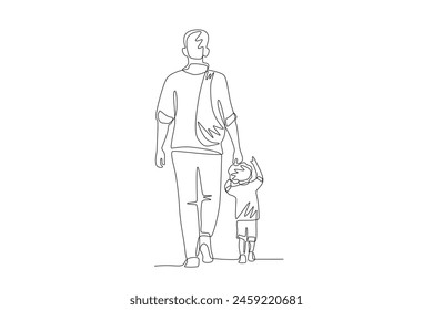 Refugee man carrying his child. World refugee day concept one-line drawing