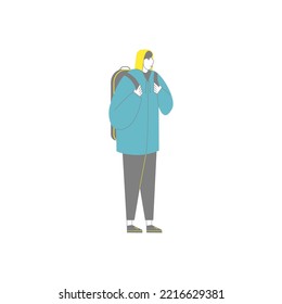 Refugee man in a jacket and with a backpack. Vector flat illustration on an isolated background.