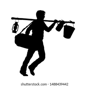 Refugee man silhouette with valise and camping tools. The silhouette objects and background are in different layers. 