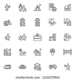 Refugee And Migration Line Icons Set. Linear Style Symbols Collection, Outline Signs Pack. Immigration Related Vector Graphics. Set Includes Icons As Asylum Seeker, Bomb Attack, Humanitarian Aid