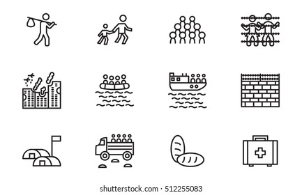 Refugee And Migration Thin Line Icon Set. Vector.