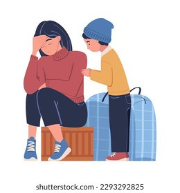 Los refugiados necesitan ayuda. Mi madre y su hijo pequeños se quedaron sentados en maletas. Problemas de los refugiados, ilustraciones vectoriales de personas sin hogar