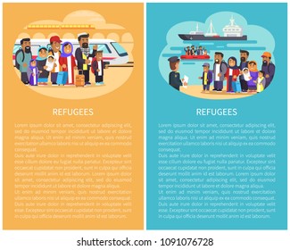 Refugee people at railway station, full of hopes and ready to migrate, ships boats transportation by sea, posters collection, vector illustration