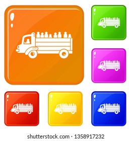 Refugee people truck icons set collection vector 6 color isolated on white background