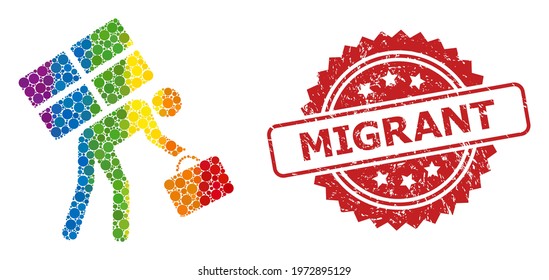 Refugee person collage icon of circle spots in various sizes and LGBT colored color hues, and Migrant unclean rosette stamp seal. A dotted LGBT-colored Refugee person for lesbians, gays, transgenders,