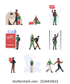 Refugee persons. War immigrants crying people helping to homeless family illegal camps garish vector flat illustrations