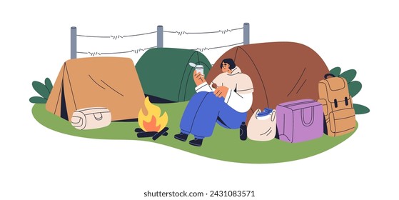 Refugee, poor homeless migrant at immigrants campsite. Person at tent, eating food at migrants camp, campground, border asylum, shelter. Flat vector illustration isolated on white background